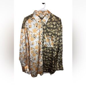 Entro Mixed Floral Print Satin Long Sleeve Button-up Oversized Blouse Size L EUC